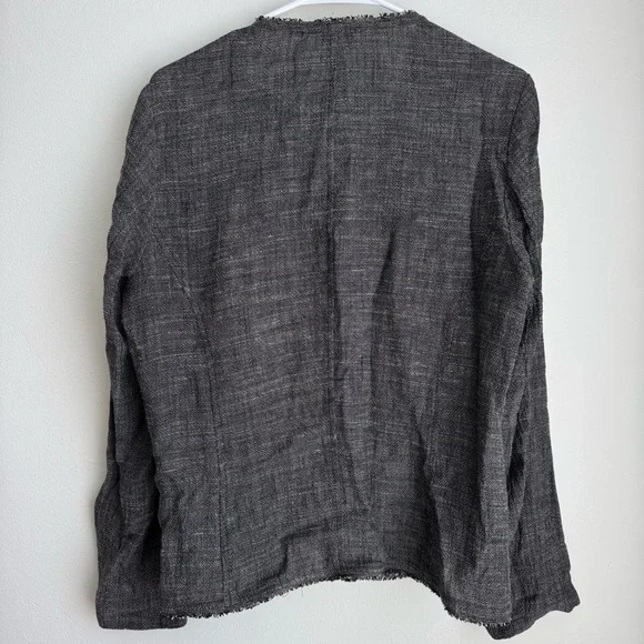 Eileen Fisher Gray Linen Blend Woven Raw Trim Jacket Long Sleeve Size Medium - Picture 4 of 10